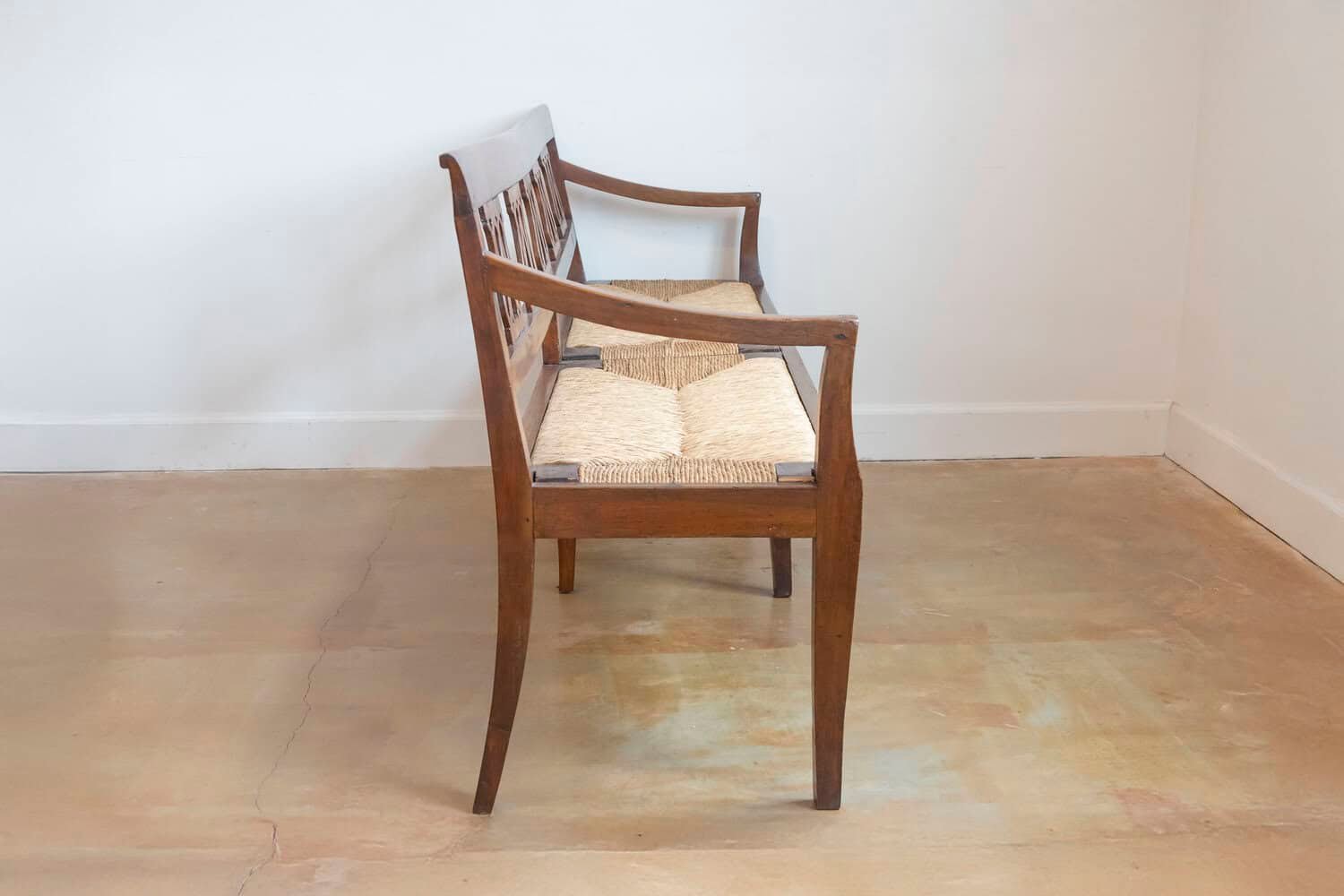 Italian 19th Walnut Bench with Carved Splats, Rush Seat and Tapered Legs - JAA