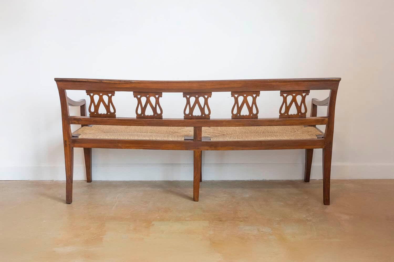 Italian 19th Walnut Bench with Carved Splats, Rush Seat and Tapered Legs - JAA