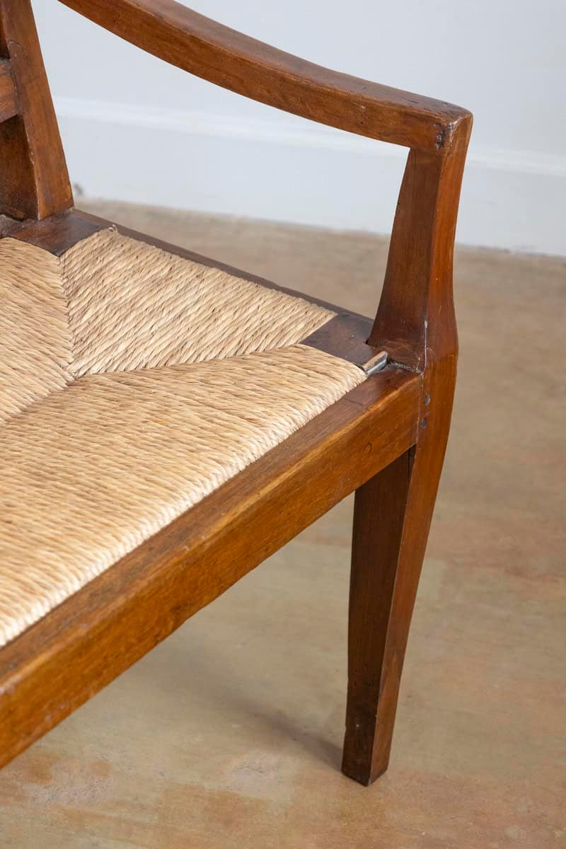 Italian 19th Walnut Bench with Carved Splats, Rush Seat and Tapered Legs - JAA