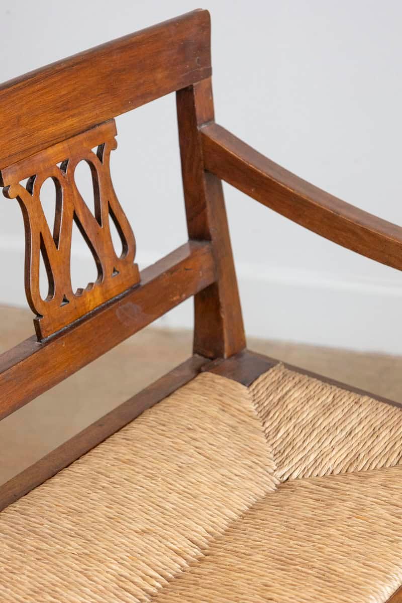 Italian 19th Walnut Bench with Carved Splats, Rush Seat and Tapered Legs - JAA