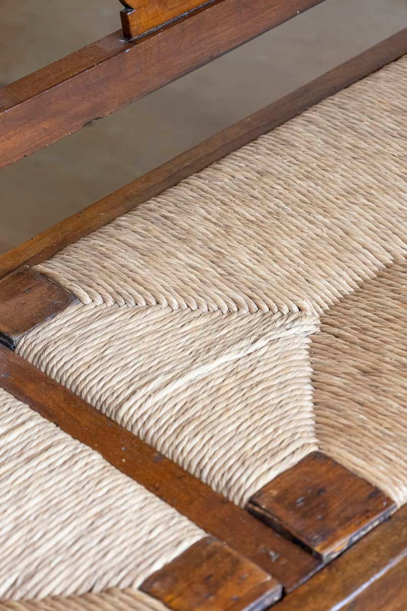 Italian 19th Walnut Bench with Carved Splats, Rush Seat and Tapered Legs - JAA