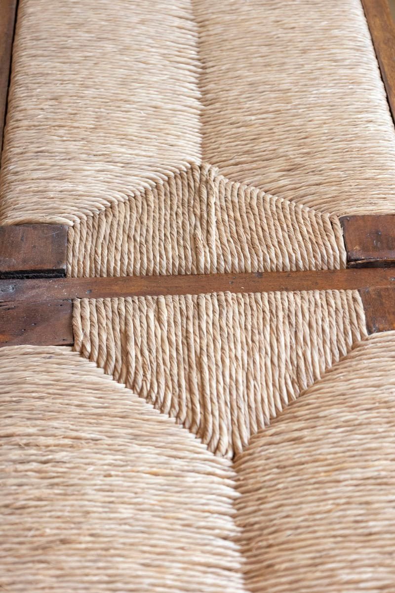 Italian 19th Walnut Bench with Carved Splats, Rush Seat and Tapered Legs - JAA