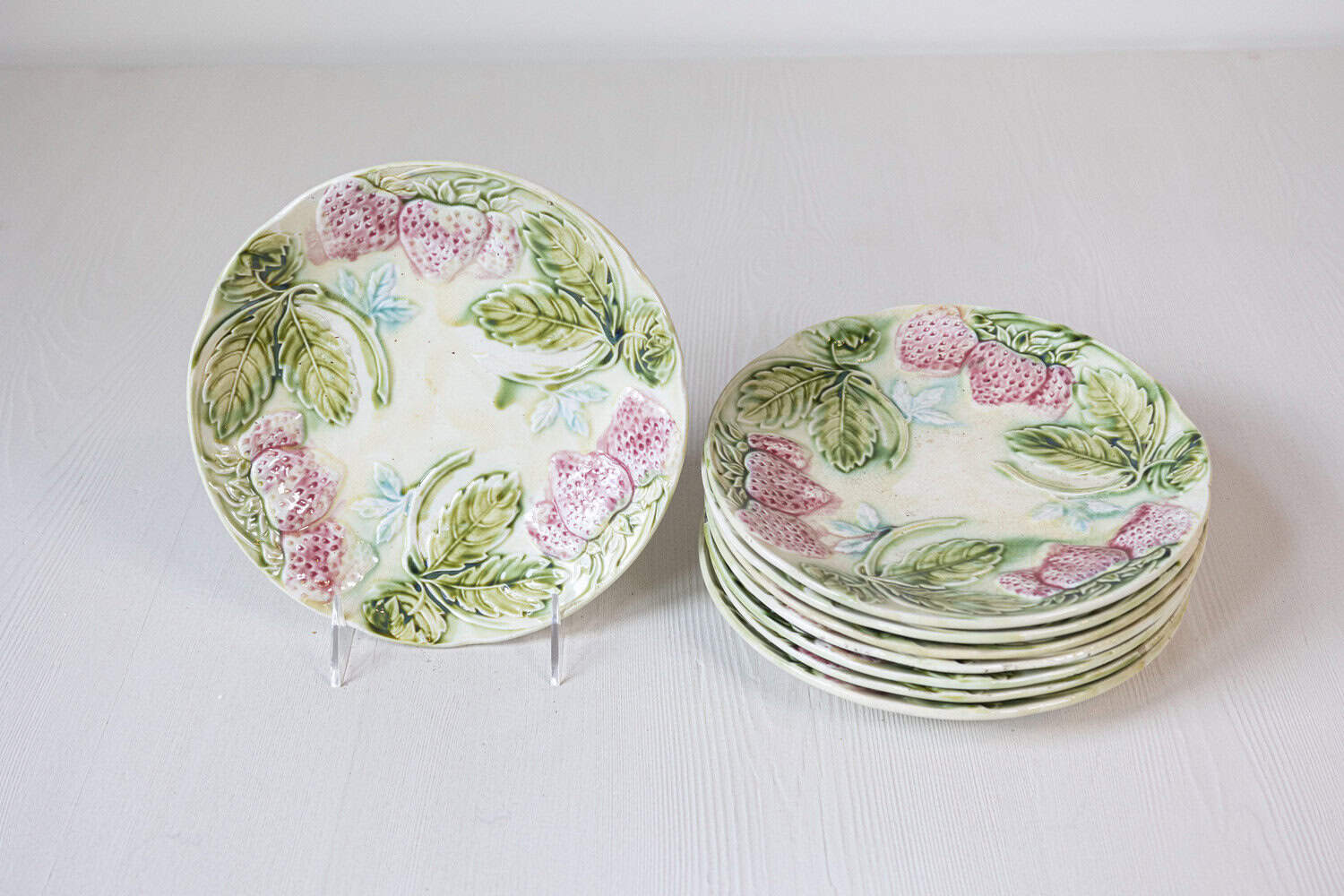 French 19th Century Majolica Plates with Raised Decor of Strawberries and Leaves - JAA