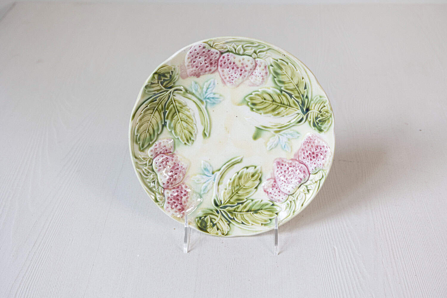 French 19th Century Majolica Plates with Raised Decor of Strawberries and Leaves - JAA