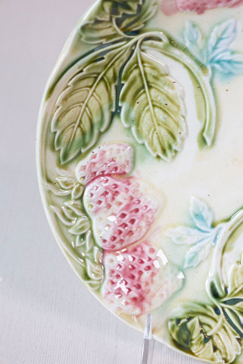 French 19th Century Majolica Plates with Raised Decor of Strawberries and Leaves - JAA