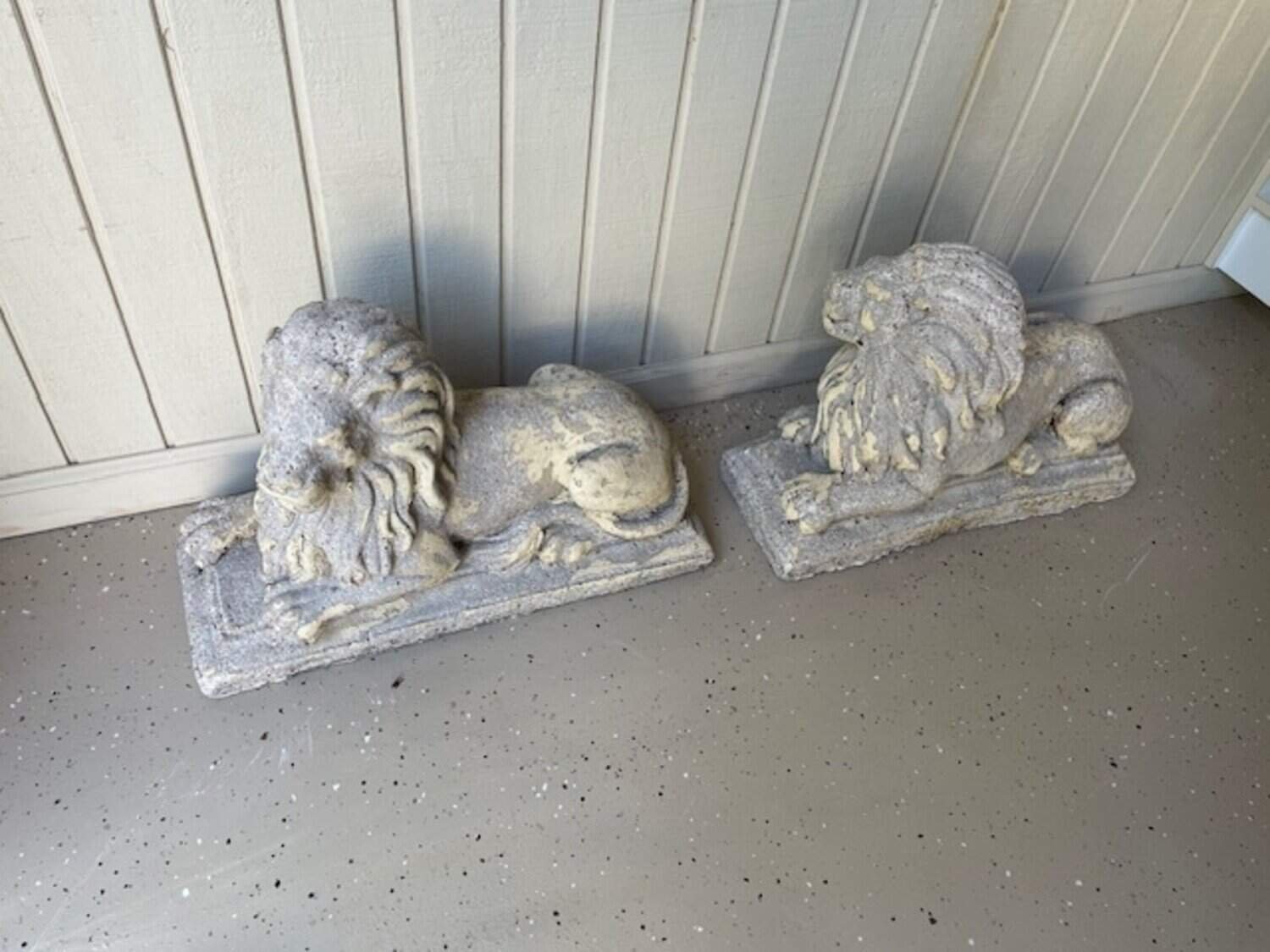 Pair of English 20th Century Composition Reclining Lion Sculptures with Patina - JAA