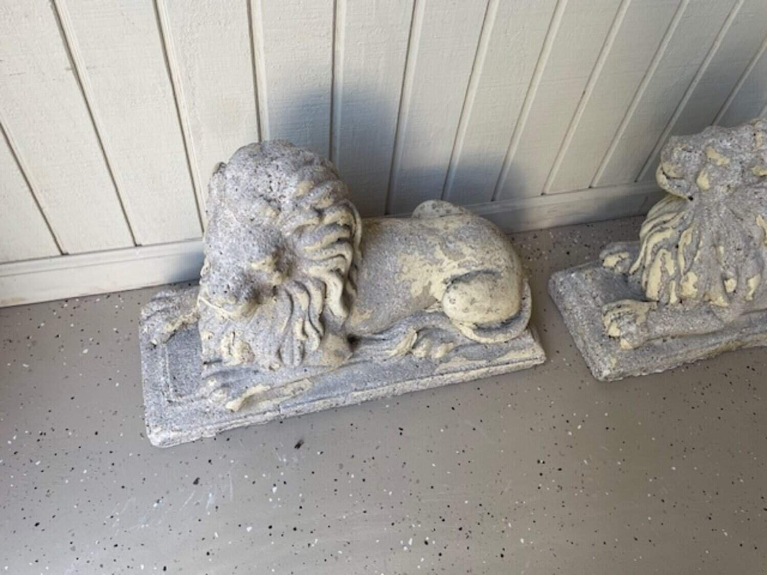 Pair of English 20th Century Composition Reclining Lion Sculptures with Patina - JAA
