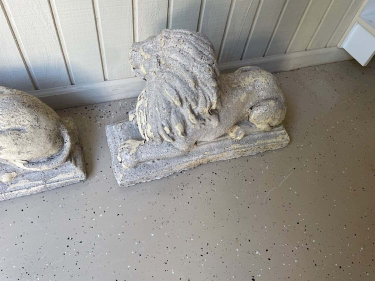 Pair of English 20th Century Composition Reclining Lion Sculptures with Patina - JAA