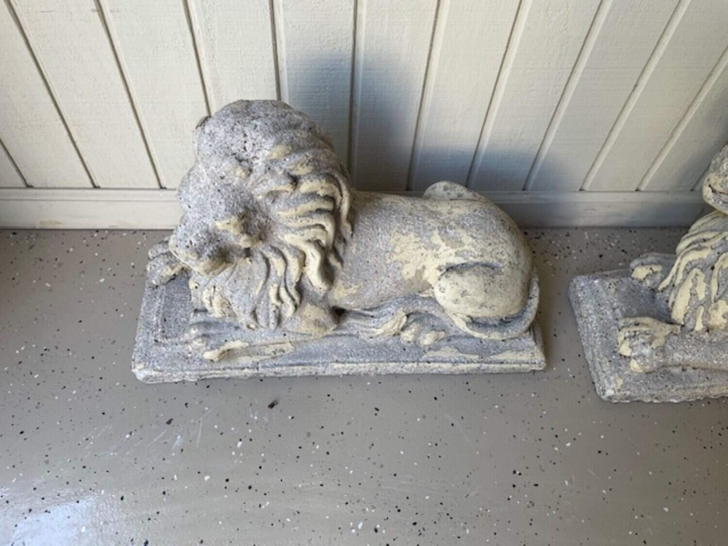 Pair of English 20th Century Composition Reclining Lion Sculptures with Patina - JAA