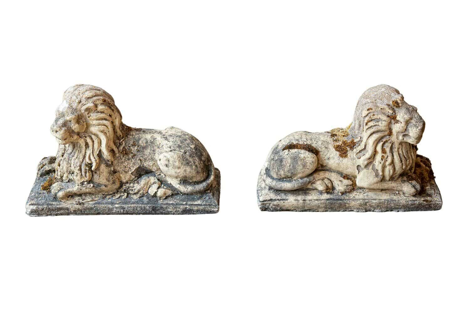 Pair of English 20th Century Composition Reclining Lion Sculptures with Patina
