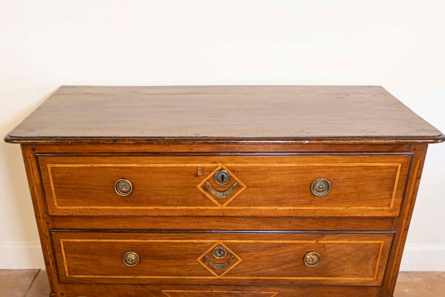 French Directoire Two-Drawer Walnut Commode with Banded Inlay from Provence - JAA