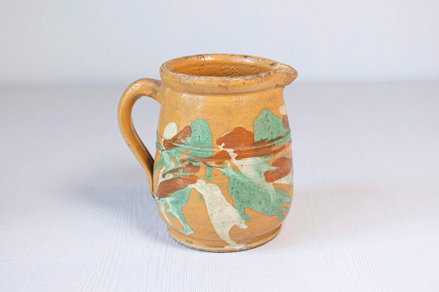 19th Century French Jaspe Pottery Pitcher with Yellow Glaze and Green Accents - JAA