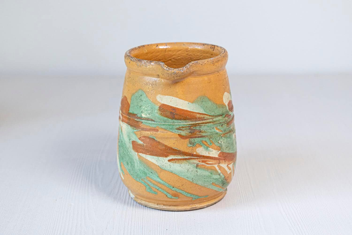 19th Century French Jaspe Pottery Pitcher with Yellow Glaze and Green Accents - JAA