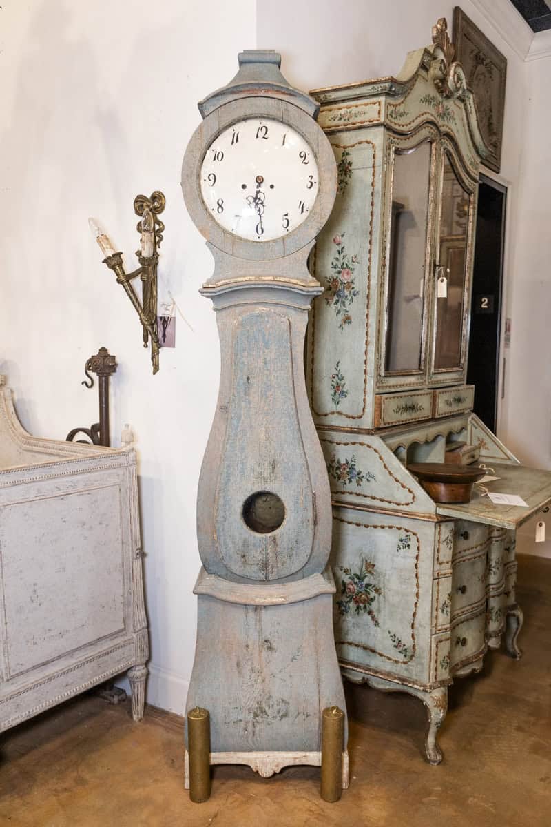 Swedish 1790s Long Case Mora Clock with Blue Gray Paint and Carved Crest - JAA