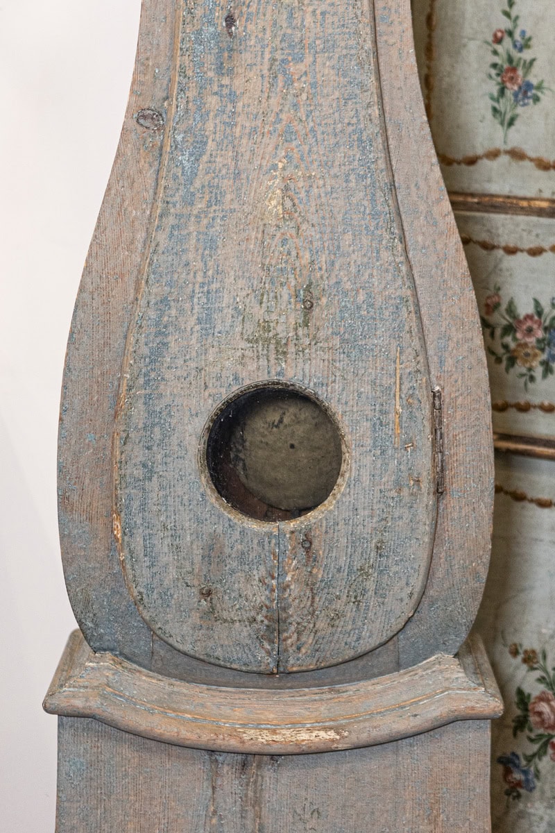 Swedish 1790s Long Case Mora Clock with Blue Gray Paint and Carved Crest - JAA