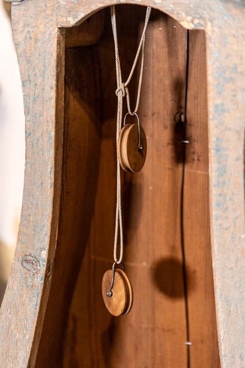 Swedish 1790s Long Case Mora Clock with Blue Gray Paint and Carved Crest - JAA