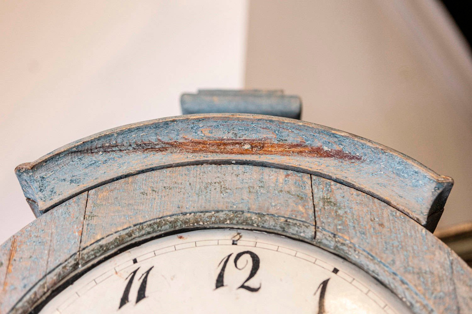 Swedish 1790s Long Case Mora Clock with Blue Gray Paint and Carved Crest - JAA