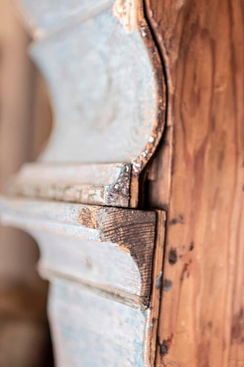 Swedish 1790s Long Case Mora Clock with Blue Gray Paint and Carved Crest - JAA