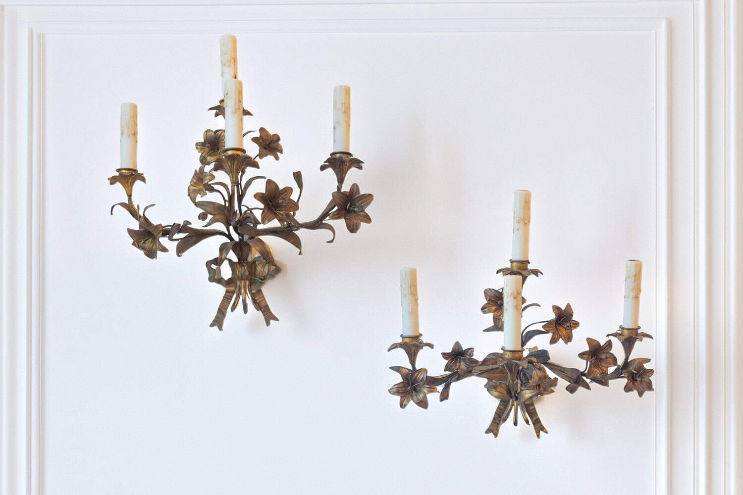Pair of 20th Century French Gilt Tôle Floral Sconces - JAA
