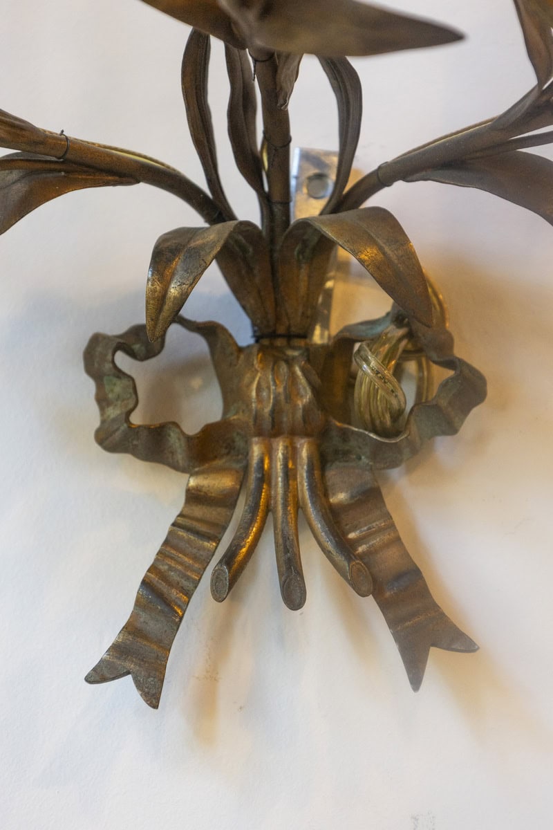 Pair of 20th Century French Gilt Tôle Floral Sconces - JAA