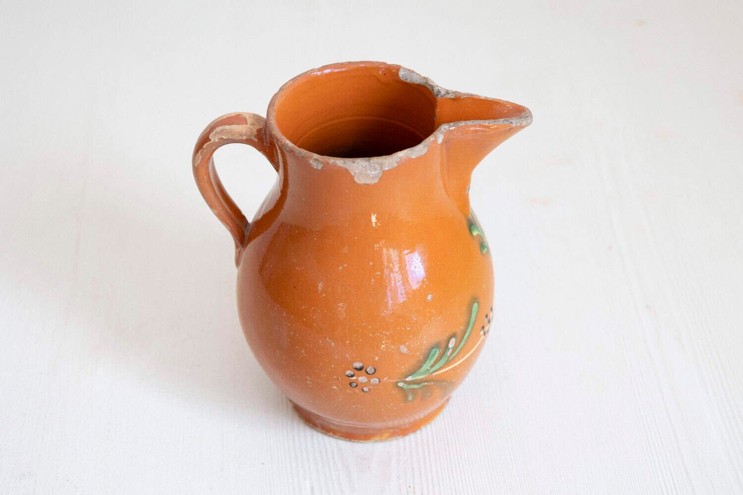 French 19th Century Redware Floral Pitcher with Orange, Cream and Green Glaze - JAA