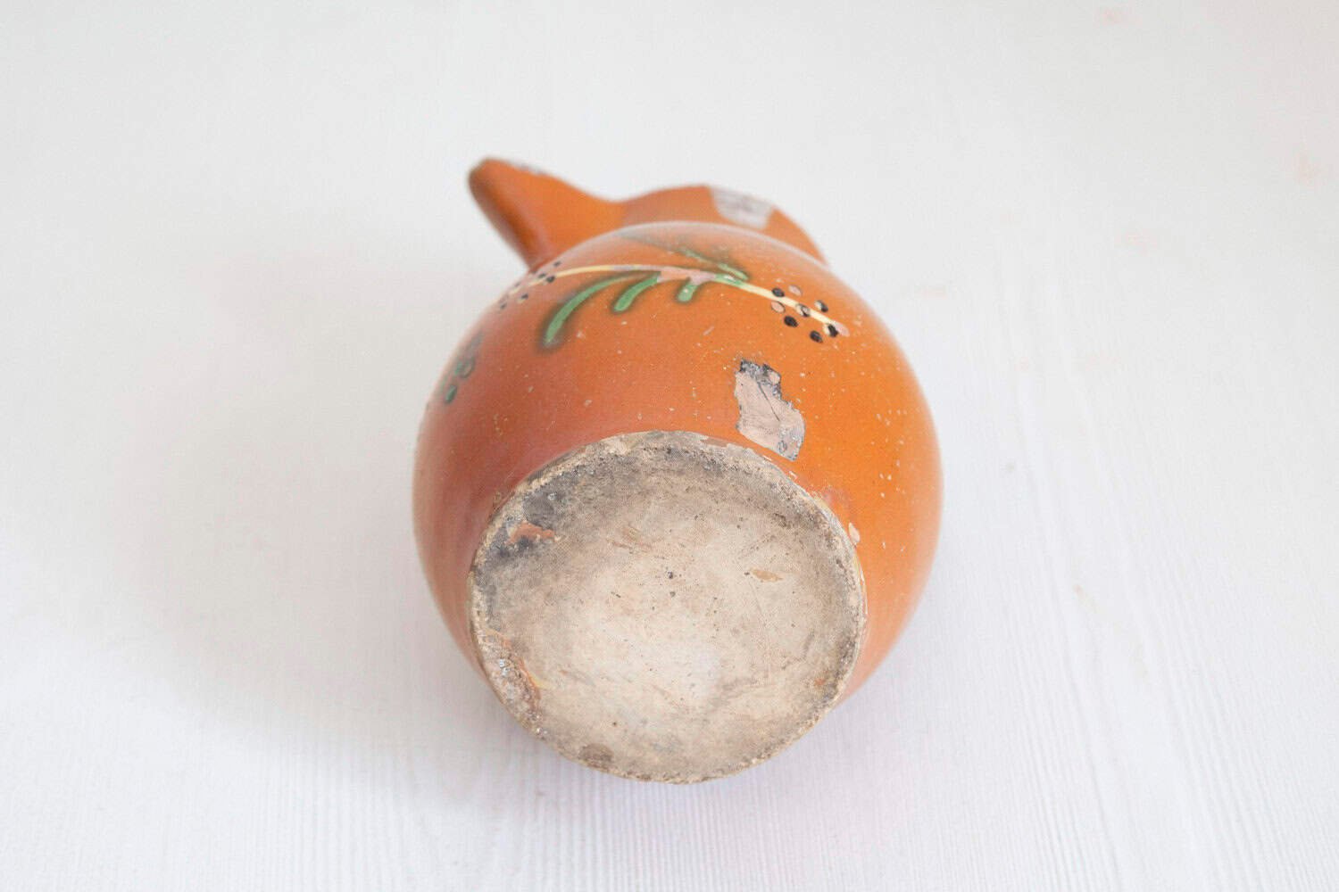 French 19th Century Redware Floral Pitcher with Orange, Cream and Green Glaze - JAA
