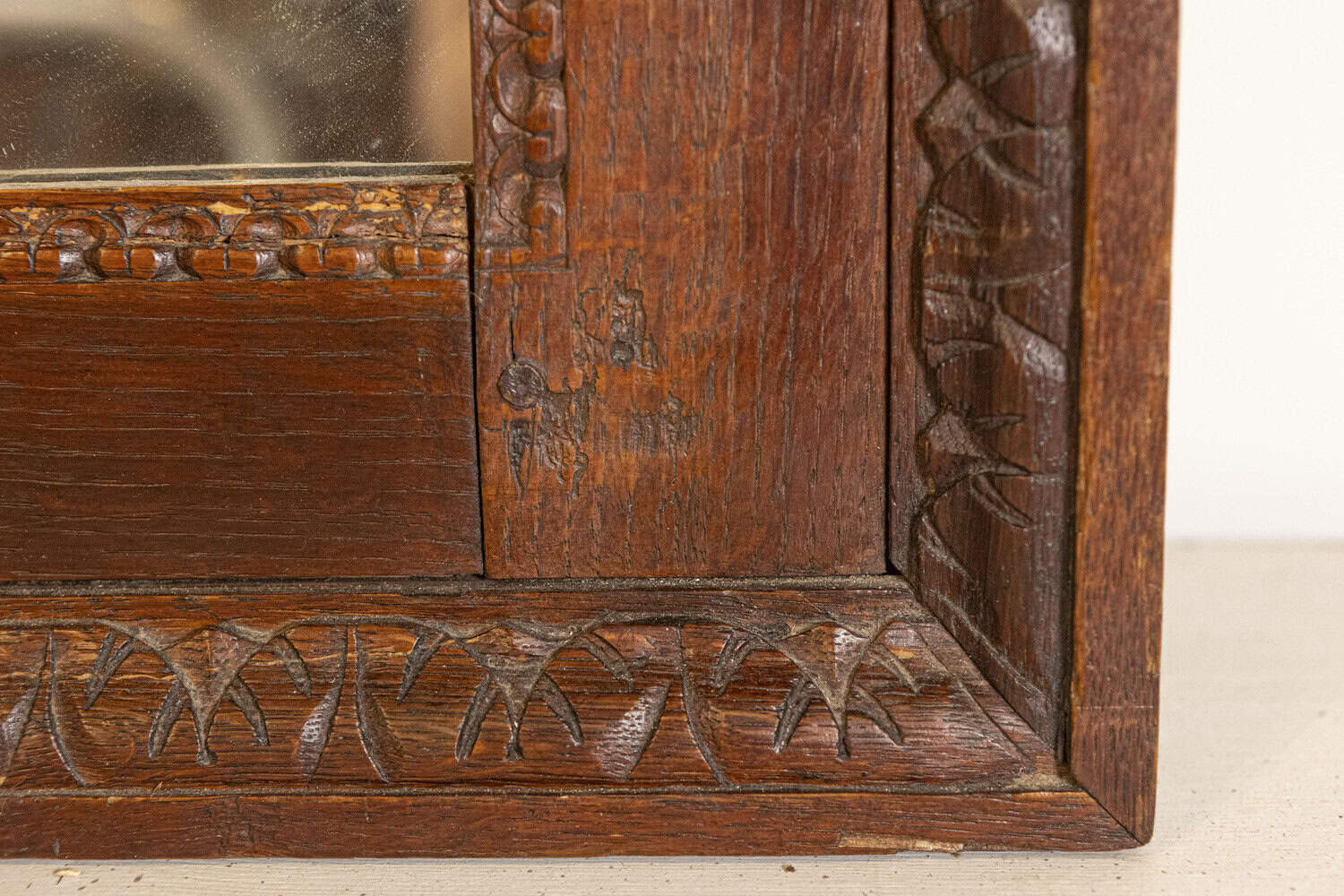 French 1750s Oak Trumeau Mirror with Large Carved Rinceaux and Floral Bouquet - JAA