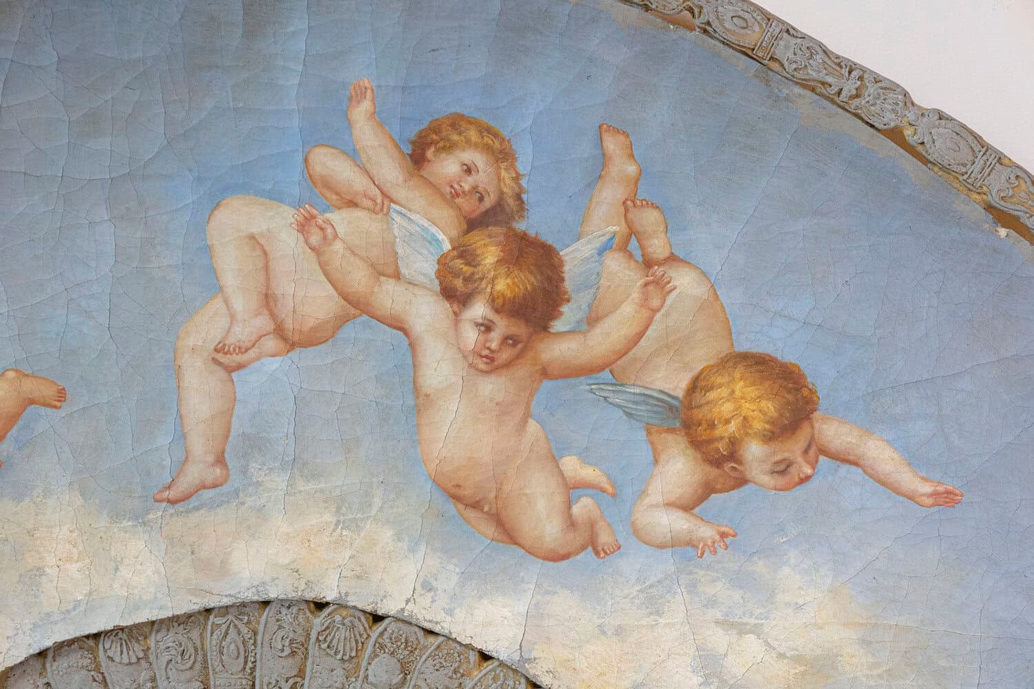 Large 19th Century French Decorative Fan with Chubby Angels on Blue Sky - JAA