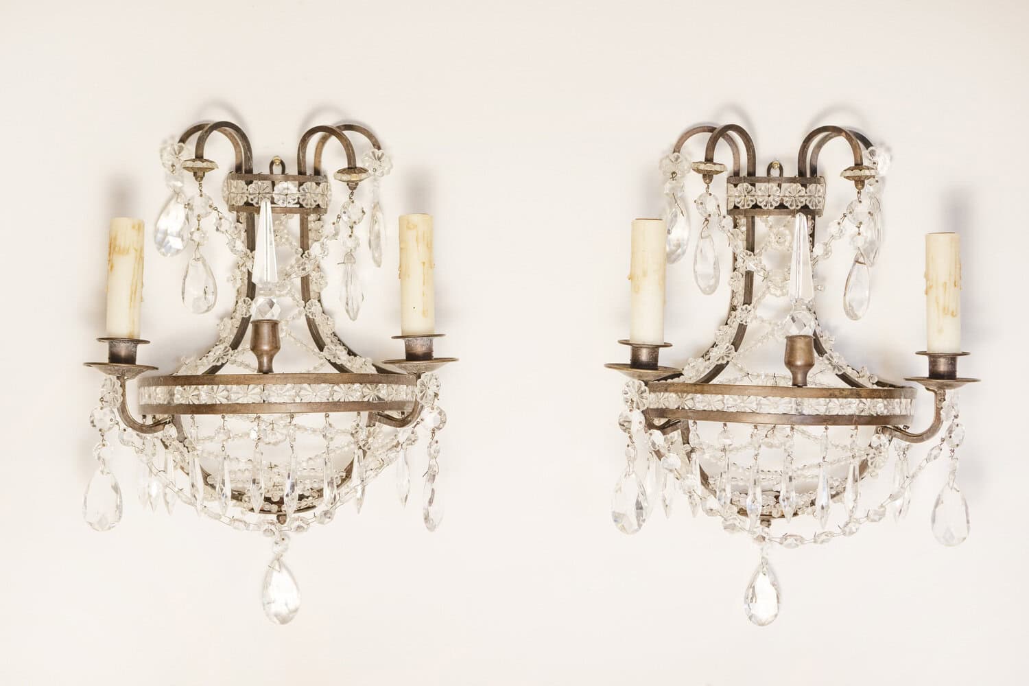 Pair of French Directoire Style Crystal Two-Light Sconces with Rosette Motifs - JAA