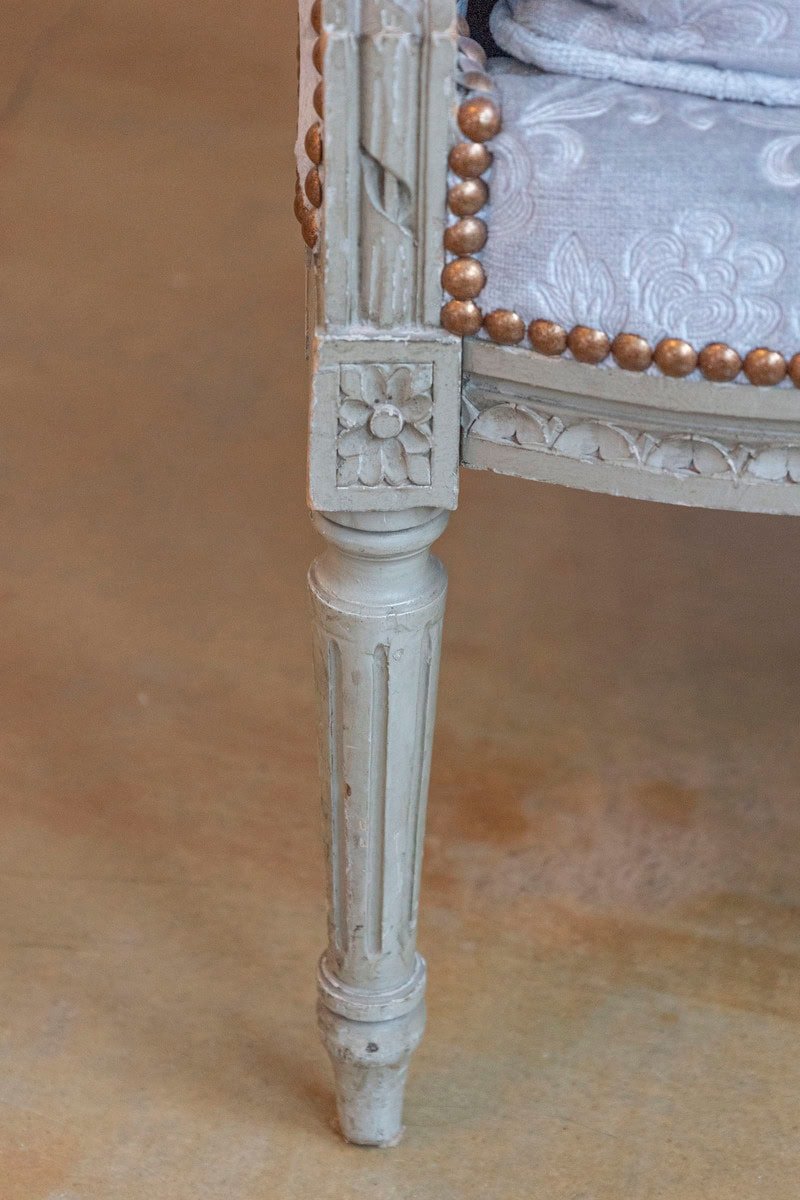 French Louis XVI Style Bergères à Oreilles with Carved Motifs and Upholstery - JAA