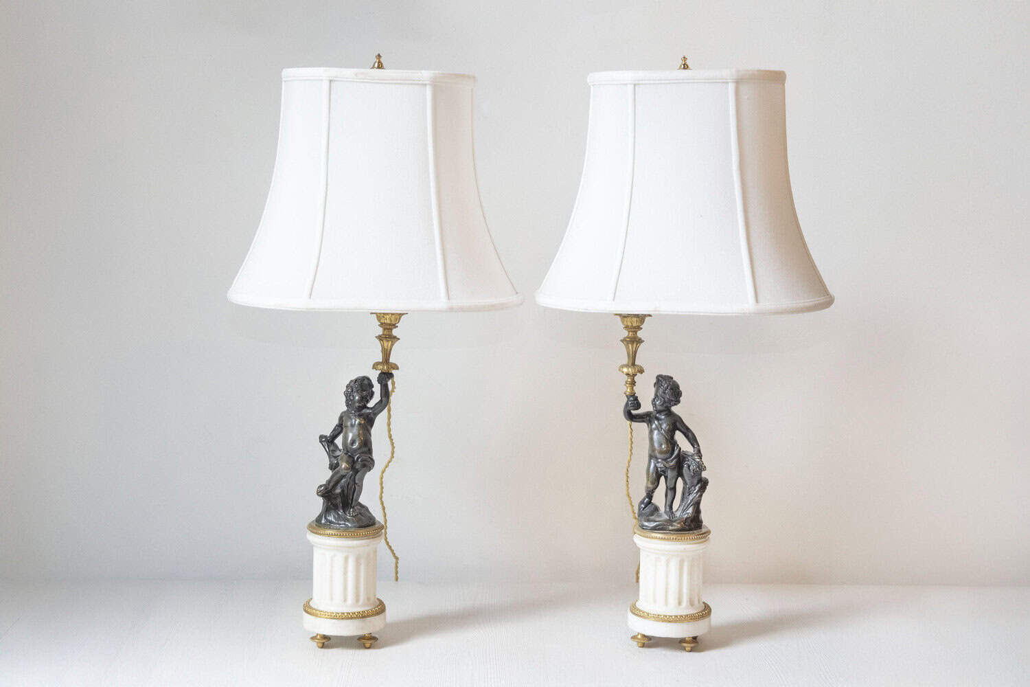 40% OFF at Checkout. Pair of French 19th Century Neoclassical Style Marble and Bronze Putti Lamps - JAA