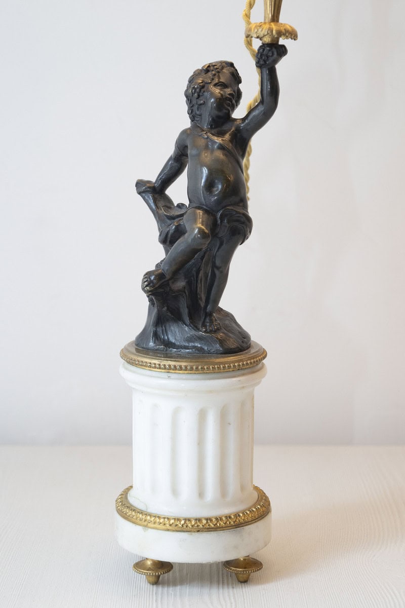 40% OFF at Checkout. Pair of French 19th Century Neoclassical Style Marble and Bronze Putti Lamps - JAA