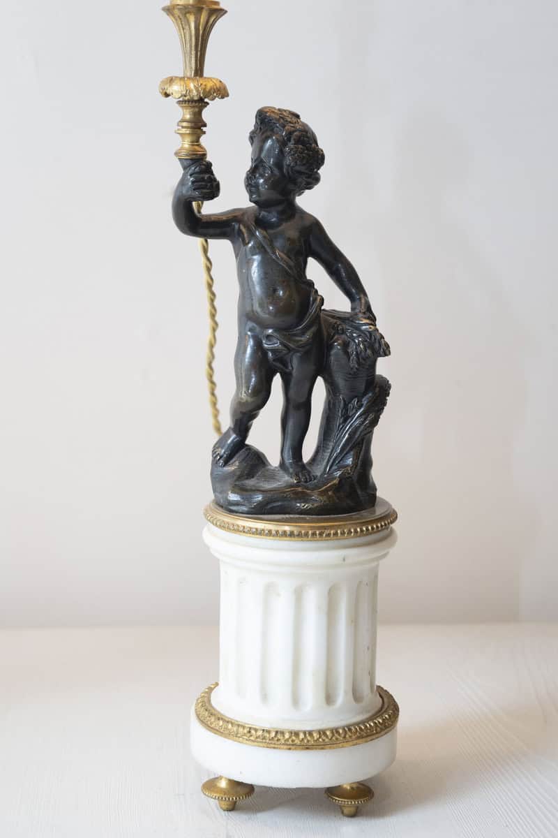 40% OFF at Checkout. Pair of French 19th Century Neoclassical Style Marble and Bronze Putti Lamps - JAA