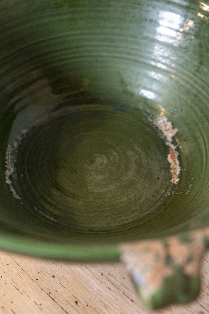 French 1850s Provincial Green Glazed Terracotta Bowl with Handles and Spout - JAA