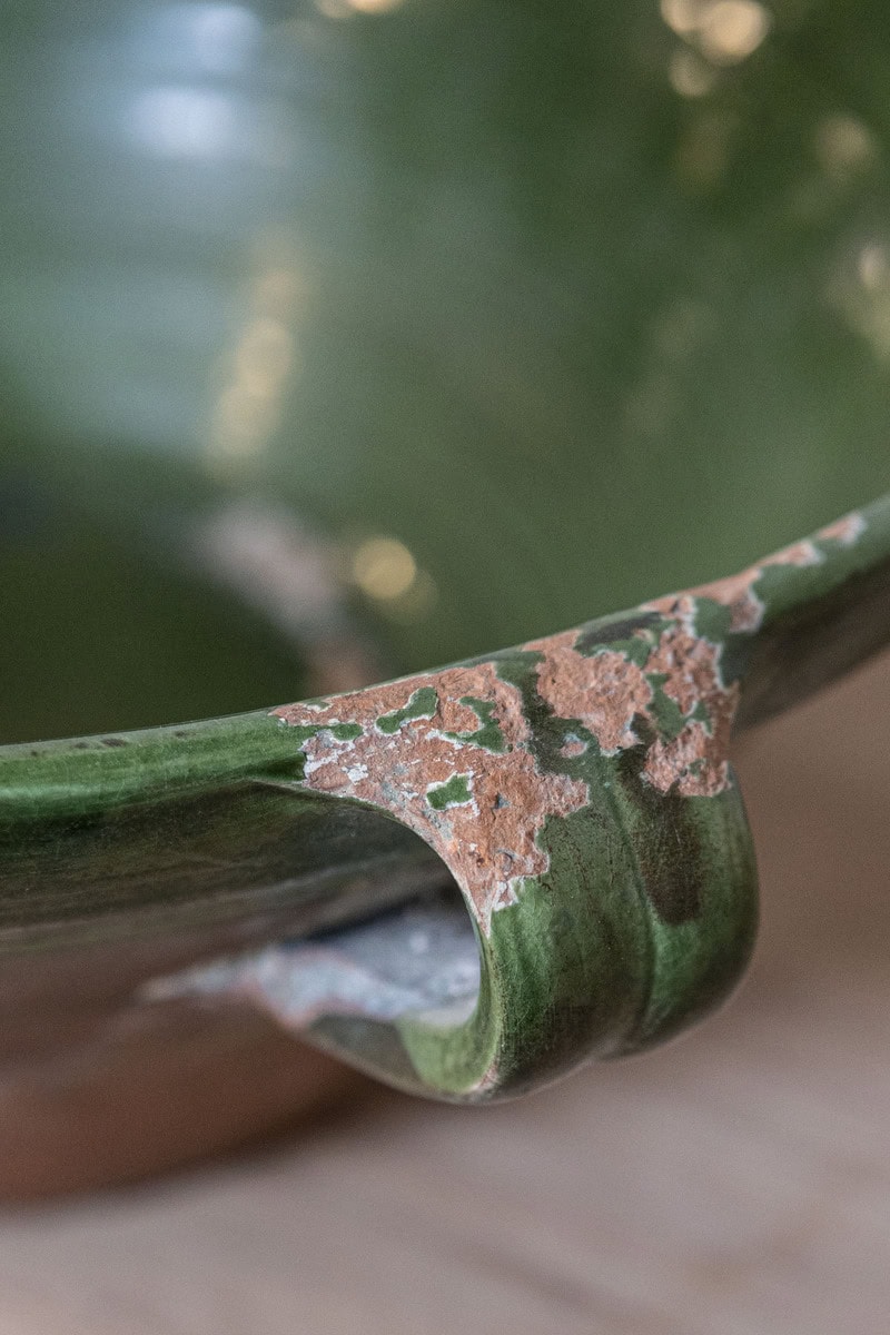 French 1850s Provincial Green Glazed Terracotta Bowl with Handles and Spout - JAA