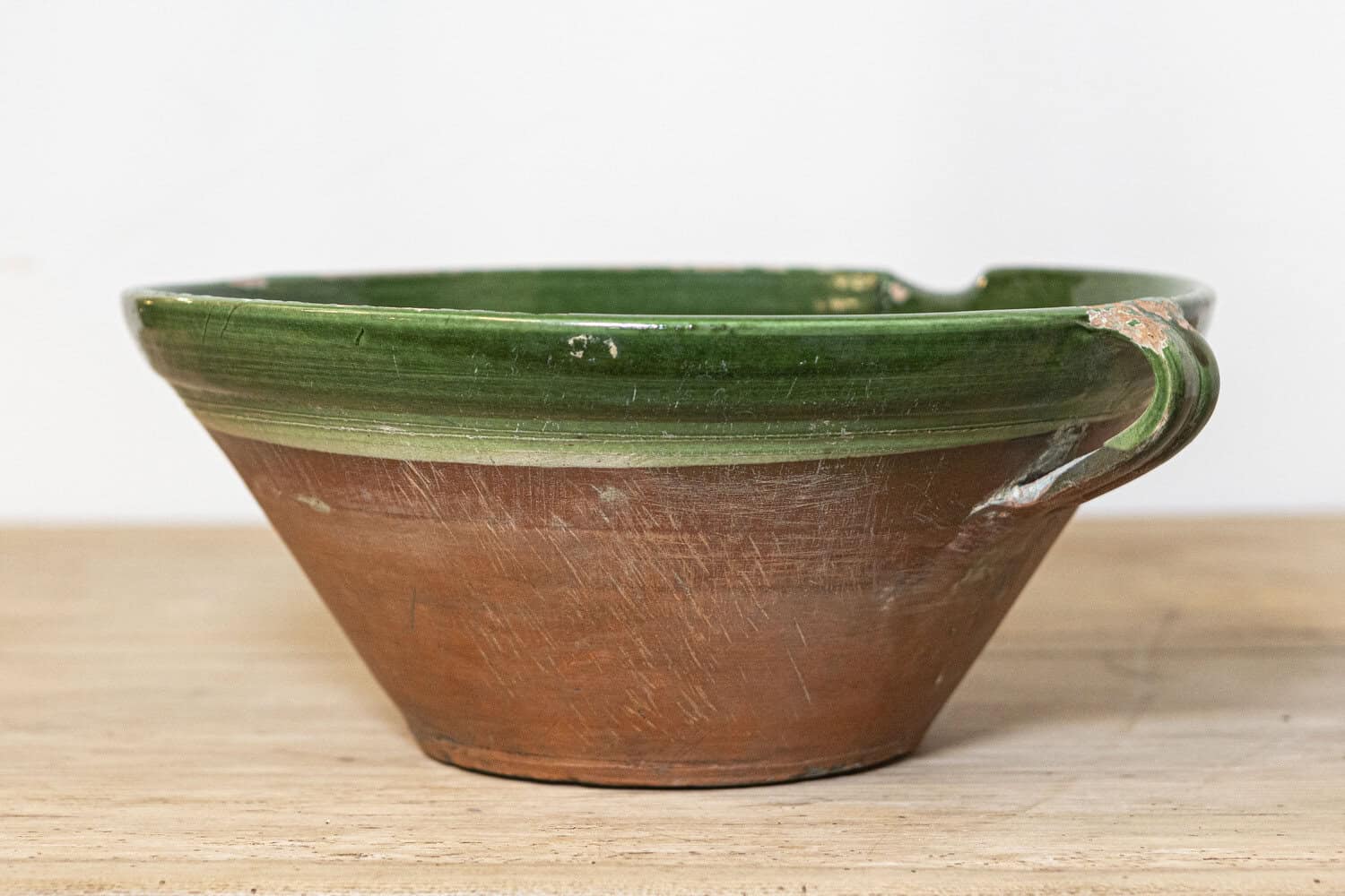 French 1850s Provincial Green Glazed Terracotta Bowl with Handles and Spout - JAA