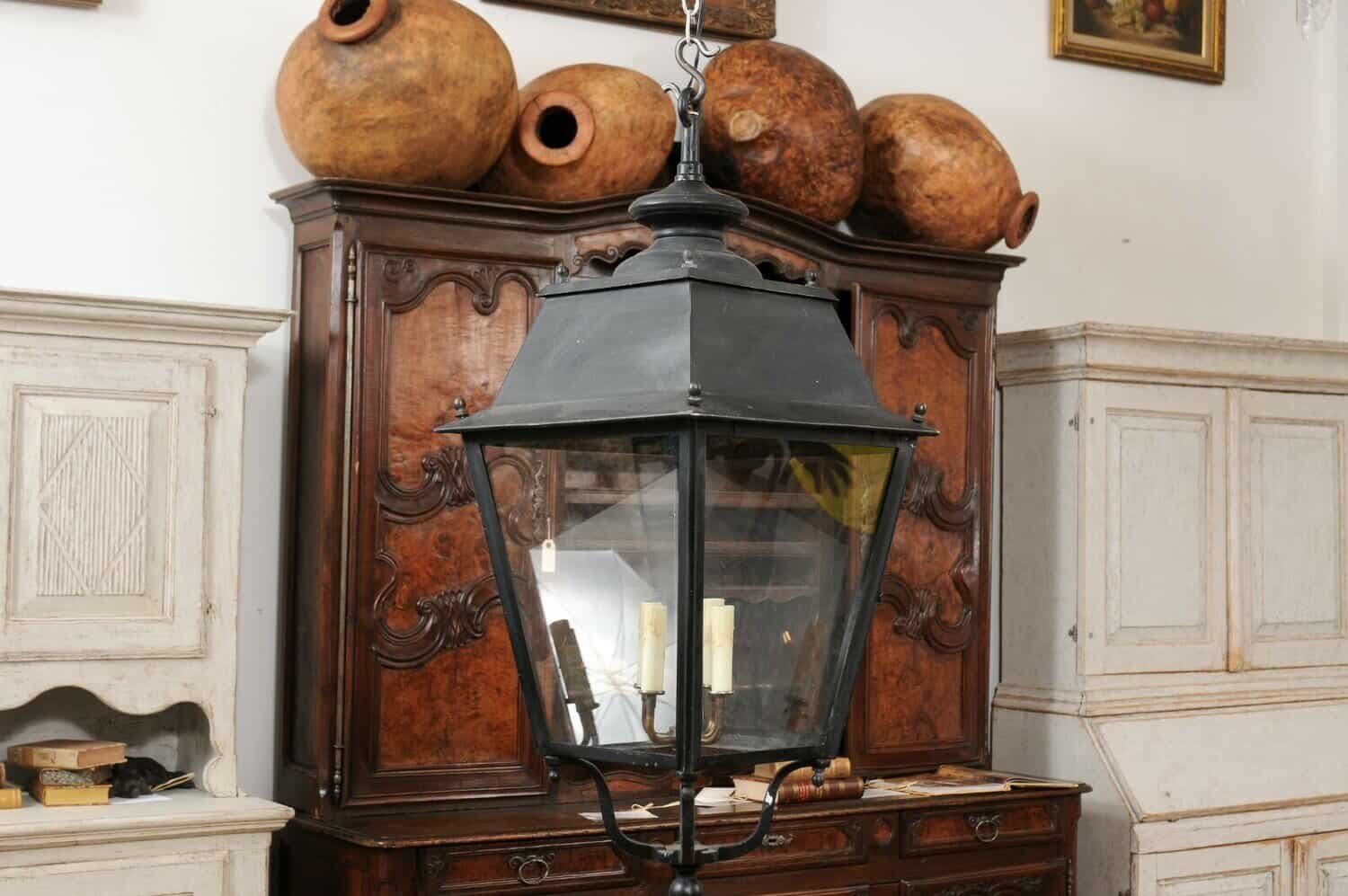 Turn of the Century French Iron and Glass Lanterns, Wired for the USA - JAA