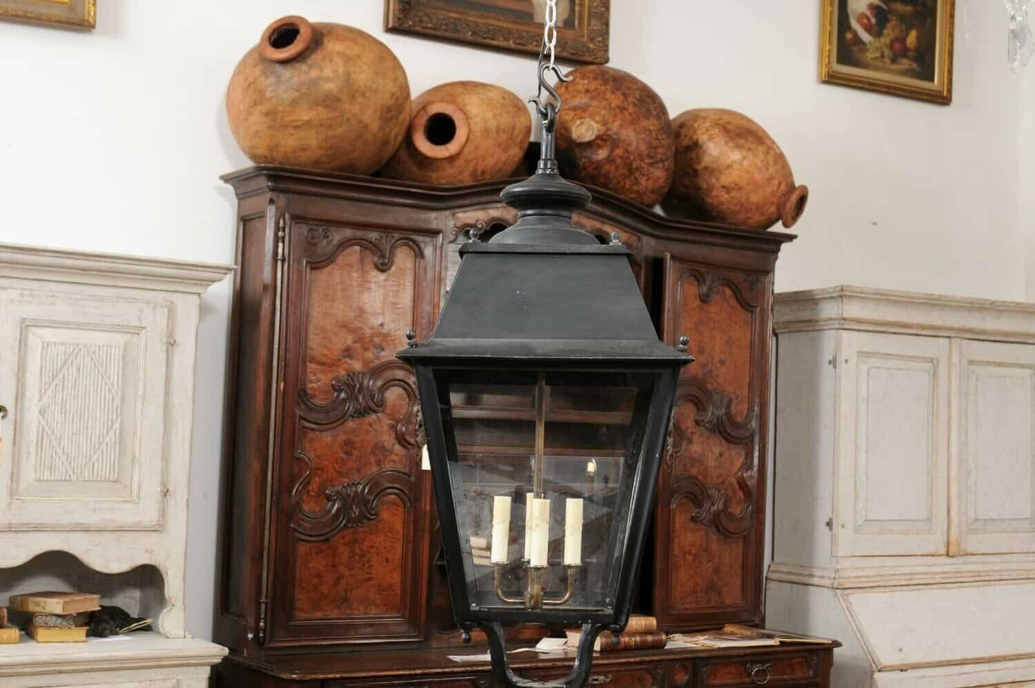 Turn of the Century French Iron and Glass Lanterns, Wired for the USA - JAA