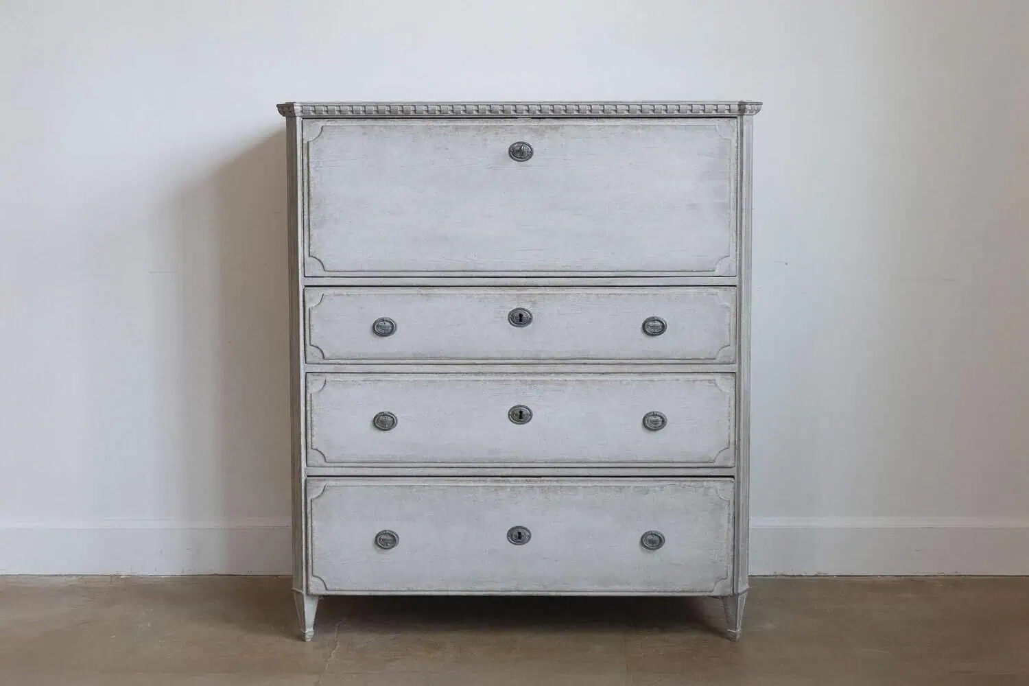 Gustavian Style 1840s Gray Painted Drop Front Secretary with Graduated Drawers - JAA