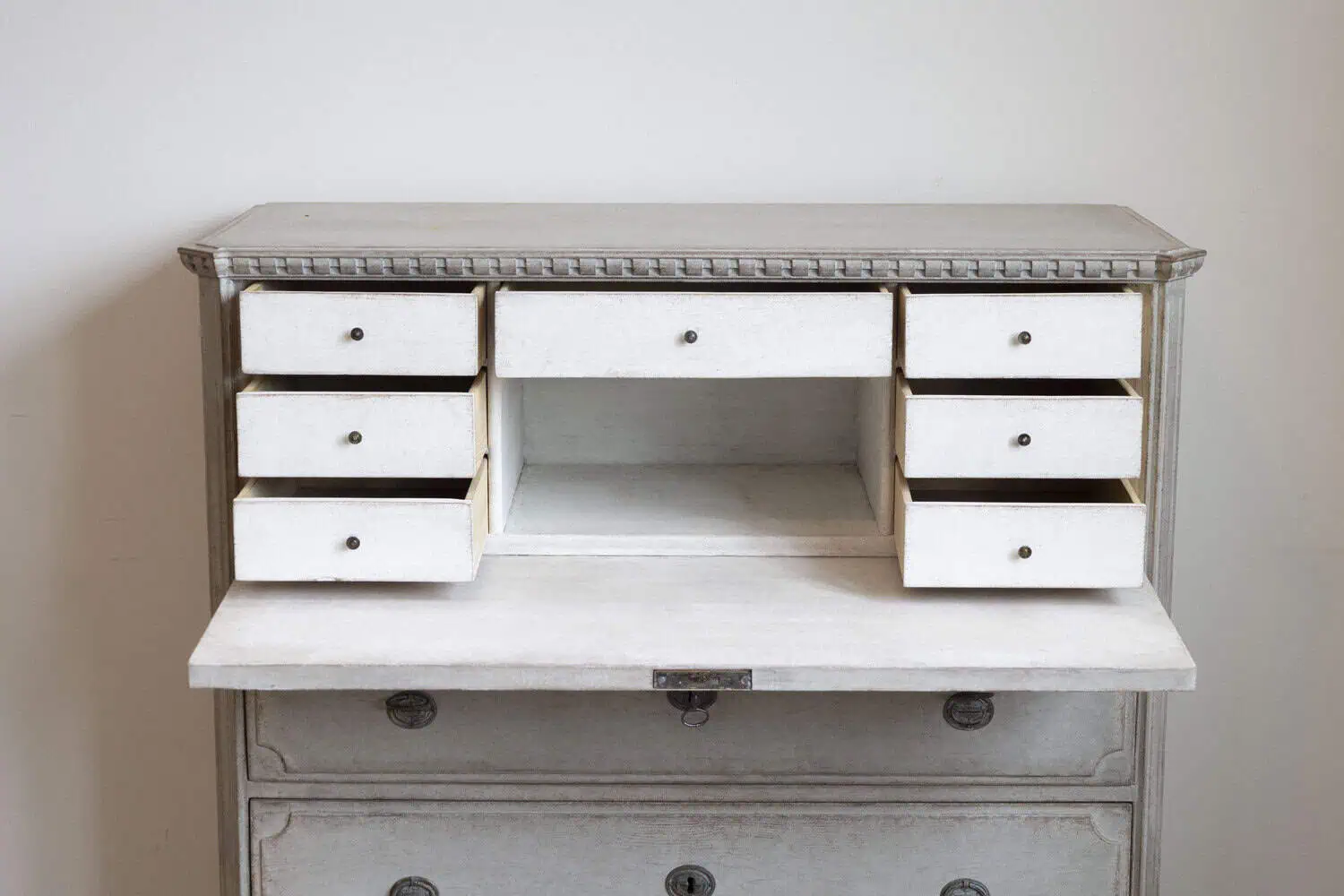 Gustavian Style 1840s Gray Painted Drop Front Secretary with Graduated Drawers - JAA