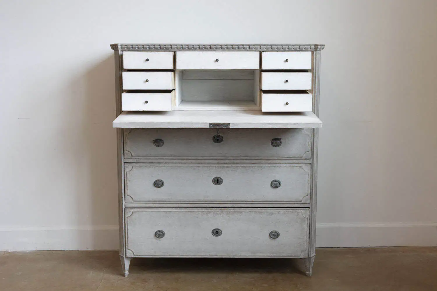 Gustavian Style 1840s Gray Painted Drop Front Secretary with Graduated Drawers - JAA