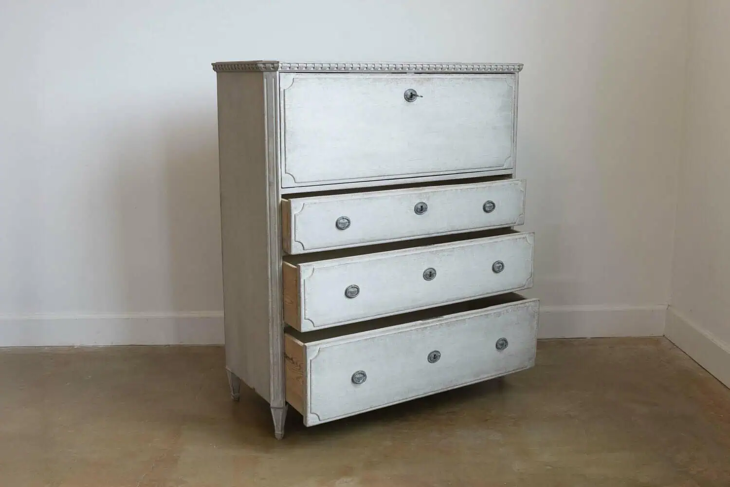Gustavian Style 1840s Gray Painted Drop Front Secretary with Graduated Drawers - JAA