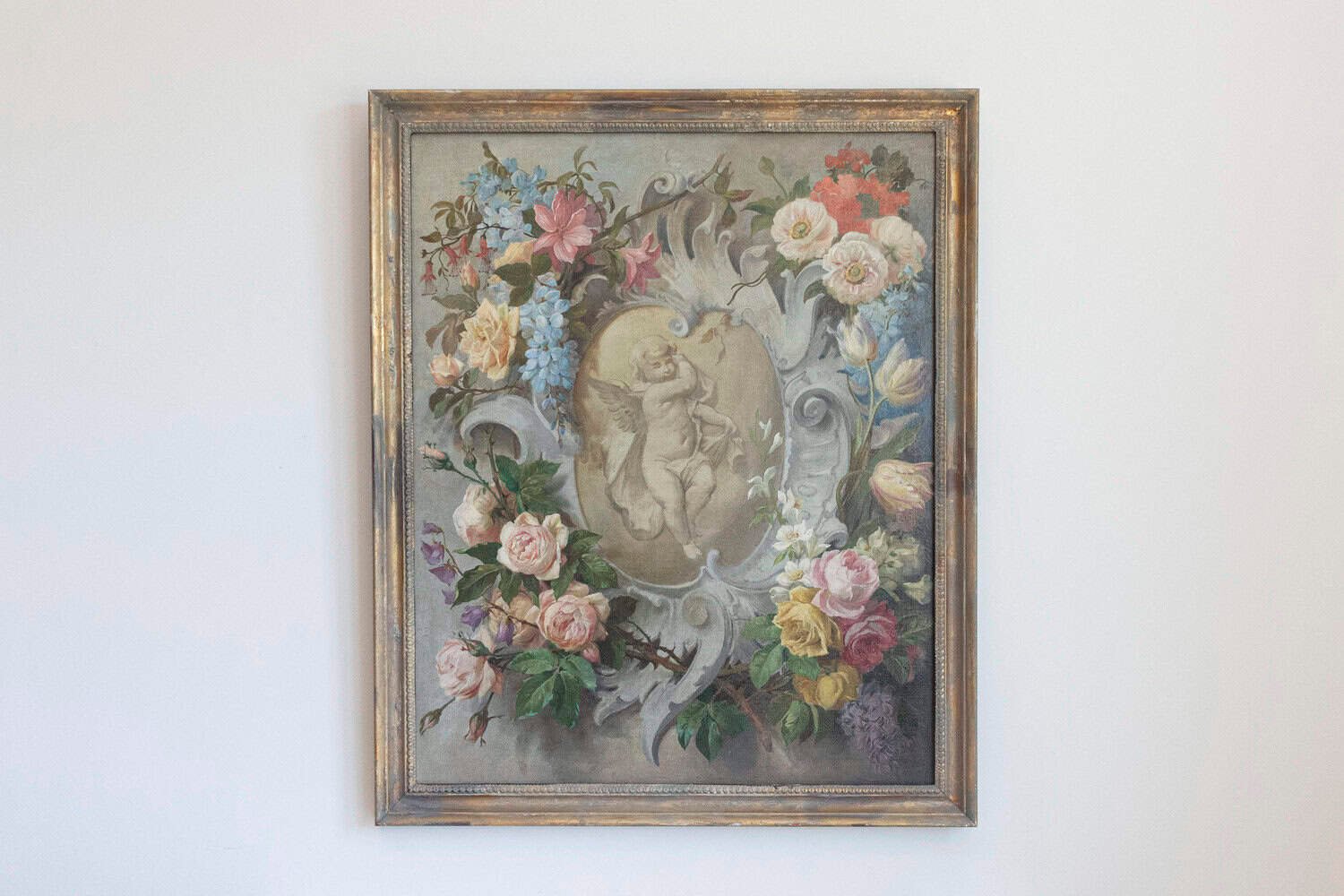 French 19th Century Aubusson Cartoon with Floral Decor Surrounding a Cherub - JAA