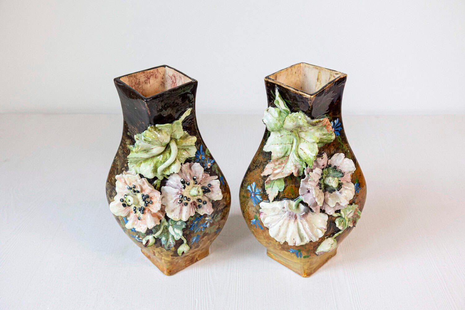 Pair of French 19th Century Vases with Barbotine Décor of Flowers and Leaves - JAA