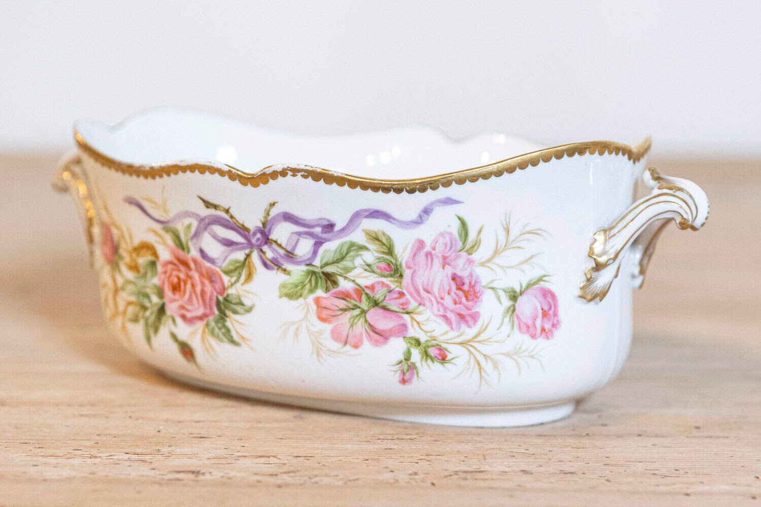 English Porcelain Bowls Depicting Bouquets of Pink Roses with Gilt Accents - JAA