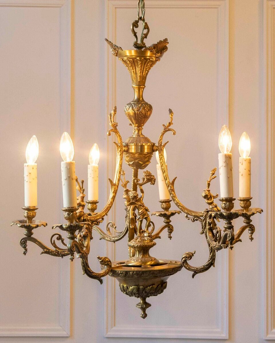 Spanish 19th Century Bronze Six-Light Chandelier with Cherubs and Floral Decor - JAA