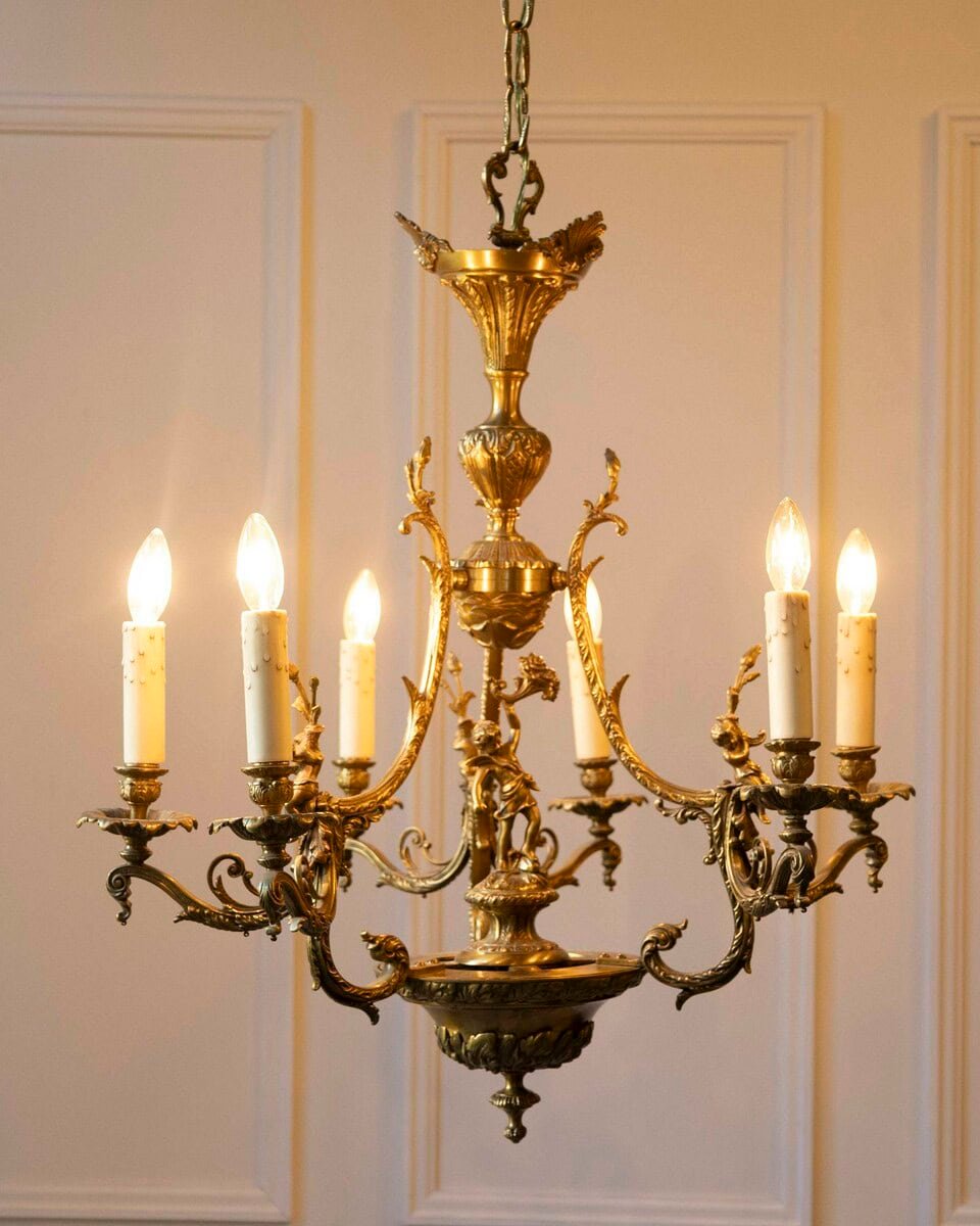 Spanish 19th Century Bronze Six-Light Chandelier with Cherubs and Floral Decor - JAA