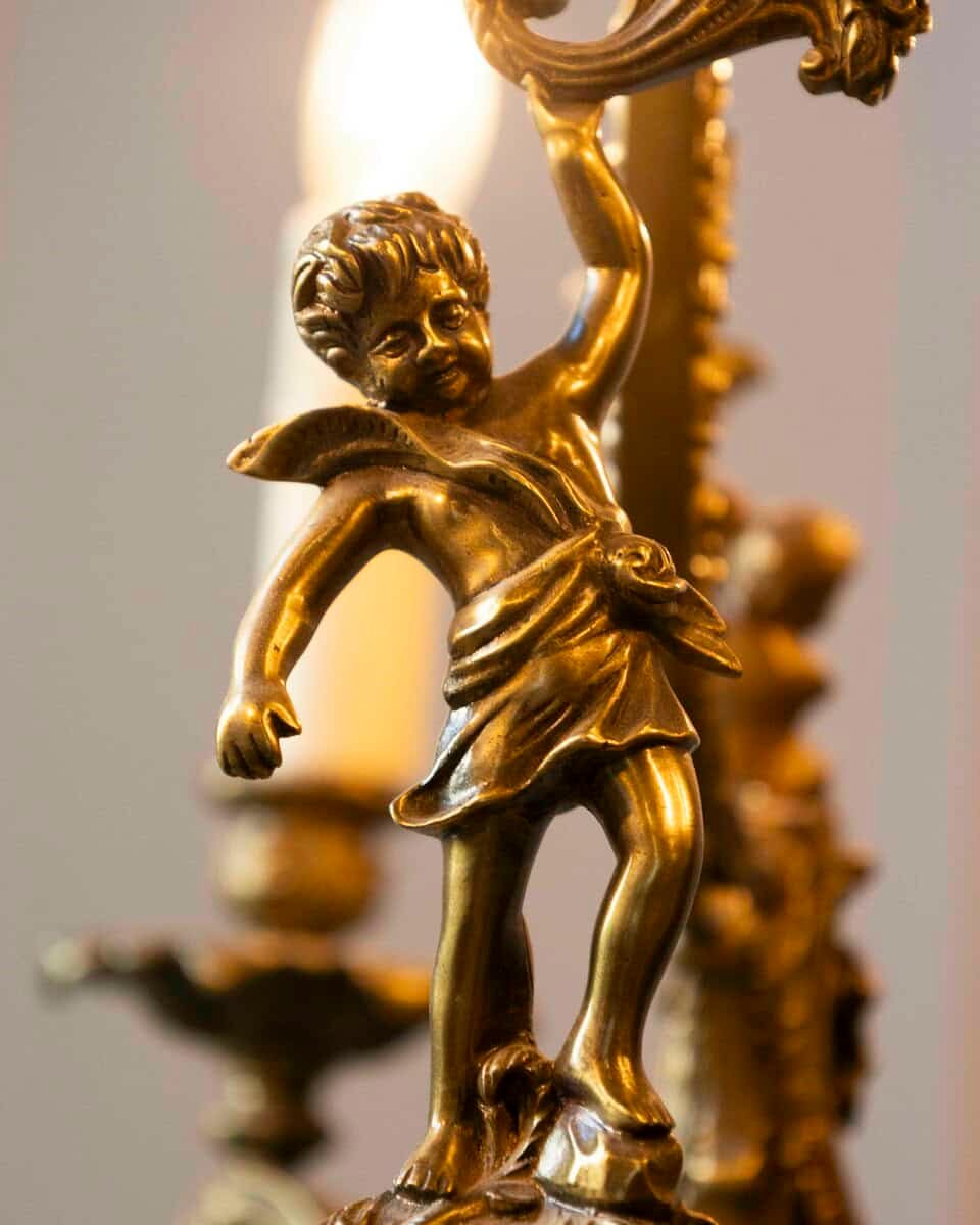 Spanish 19th Century Bronze Six-Light Chandelier with Cherubs and Floral Decor - JAA