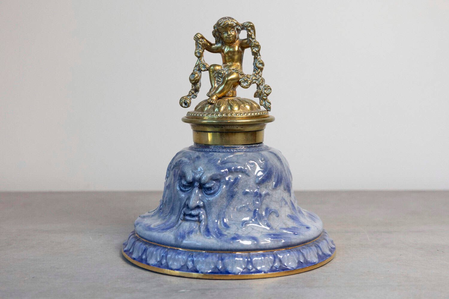 English Victorian Period 19th Century Porcelain Inkwell with Brass Putto Motif - JAA