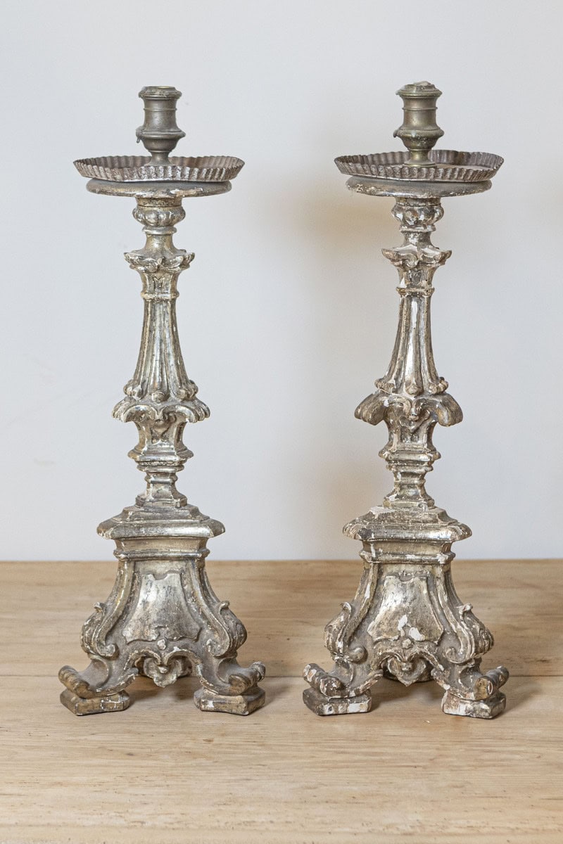 Pair of Rococo Period 18th Century Italian Painted and Carved Candlesticks - JAA